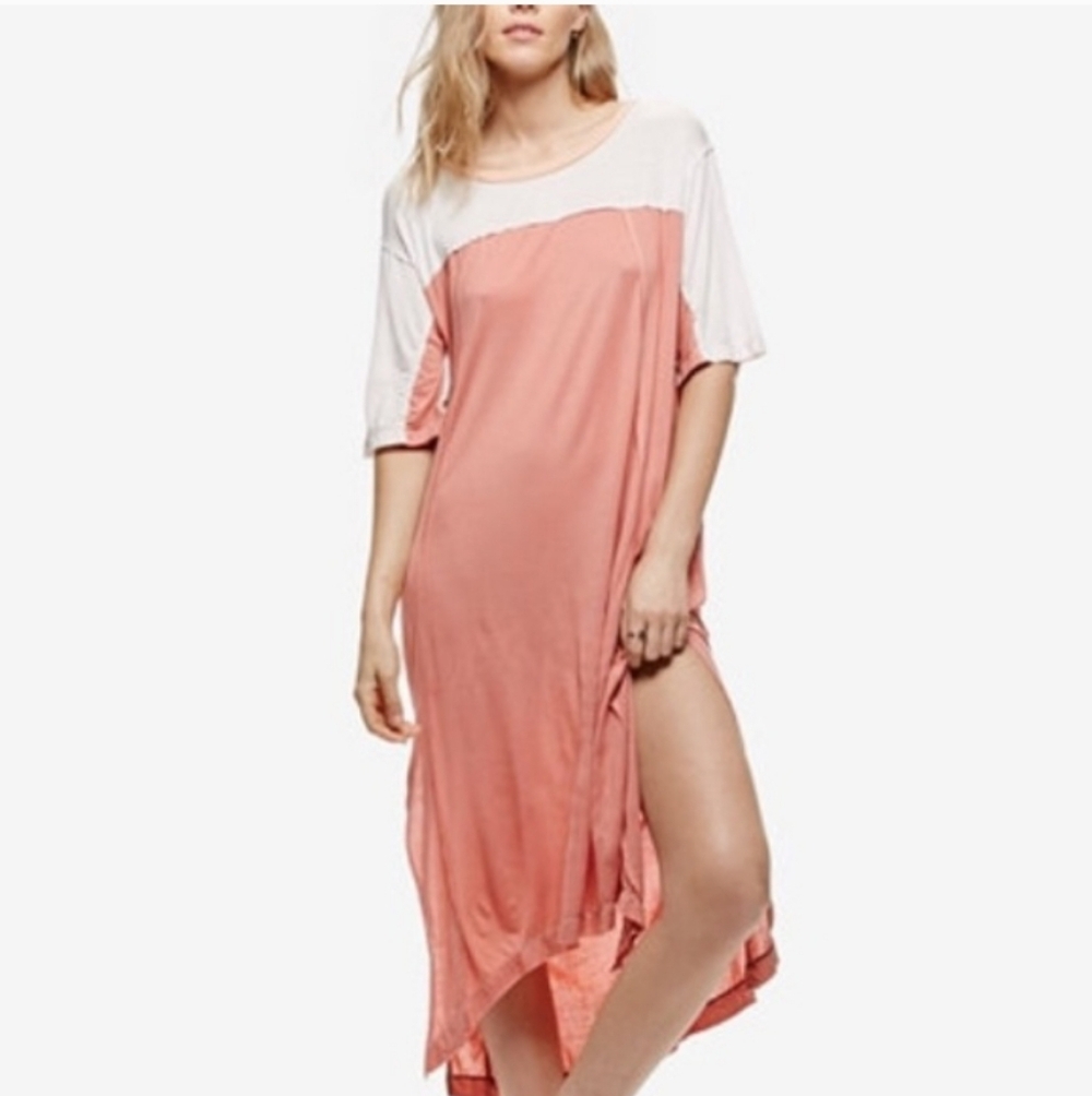 Free People Colorblock Bohemian Coral Tunic Dress